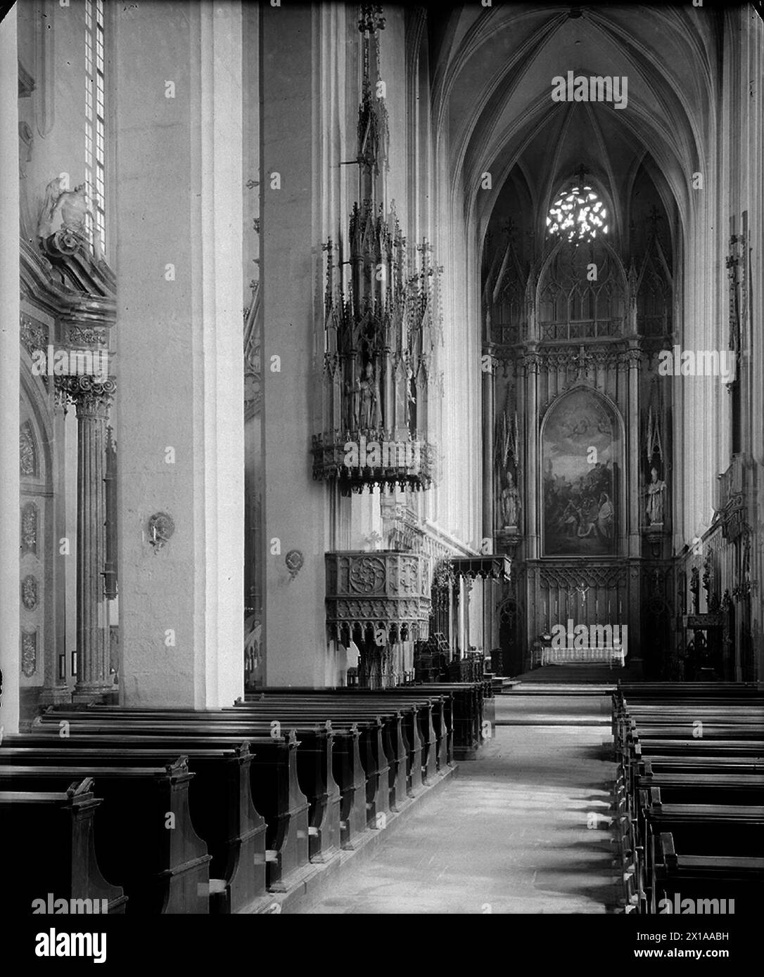 Kromioí¿, Mauritzkirche (Stifts- und Pfarrkirche, um 1210, oder besser 1260 bis 14. Jahrhundert, Regeneration 1513 - 1540, 1669 und 1836 - 1844 durch Franz Kämpfer der Jüngere), Innenansicht: Neogotik: Über den Hochaltar, weich diagonal gegenüber Südwesten, 1880 - 18800101 PD0430 - Rechteinfo: Rechte verwaltet (RM) Stockfoto