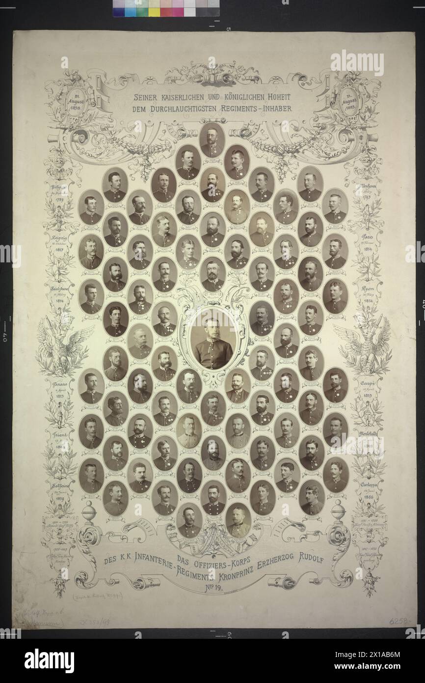 Die Offiziere des kaiserlichen und königlichen Infanterie-Regiments Kronprinz Erzherzog Rudolf Nummer 19, Tableaux von 80 Foto der Offiziere, einschließlich des Regimentsbesitzers Kronprinz Rudolf in der Mitte des Regiments. Mit der Widmung von Kronprinz Rudolf an die 25. Geburtstag bzw. 25. Geburtstag. Jahrestag der Regimentnominierung am 25. 8. 1883 Foto, Albuminabzüge, montiert und gerahmt von Daten unterschiedliche Schlachtung bei denen, die das Regiment hat, Zeichnung des Rahmens von N Courtier. (Welche?), 1883 - 18830101 PD1181 - Rechteinfo: Rights Managed (RM) Stockfoto