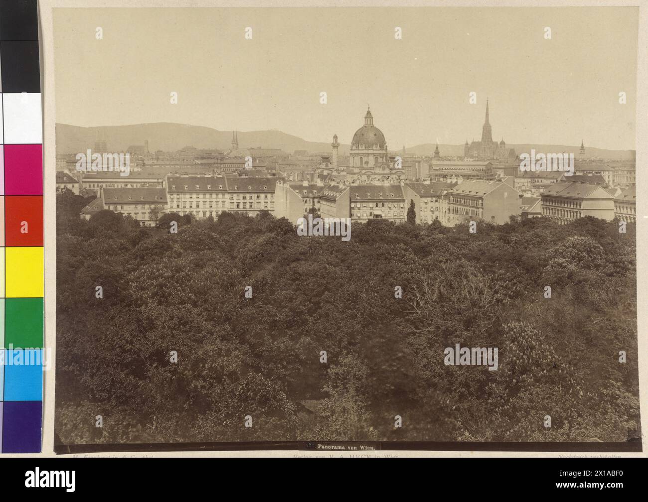 Suedbahn-Album, Blick auf Wien mit St.-St.-Kirche Karl, St. Stephansdom: Kahlenberg (Gipfel) und Leopoldsberg (Gipfel). Gekennzeichnet mit „Panorama von Wien. ", V. A. Heck Verlag 1885 - 18850101 PD4193 - Rechteinfo: Rights Managed (RM) Stockfoto
