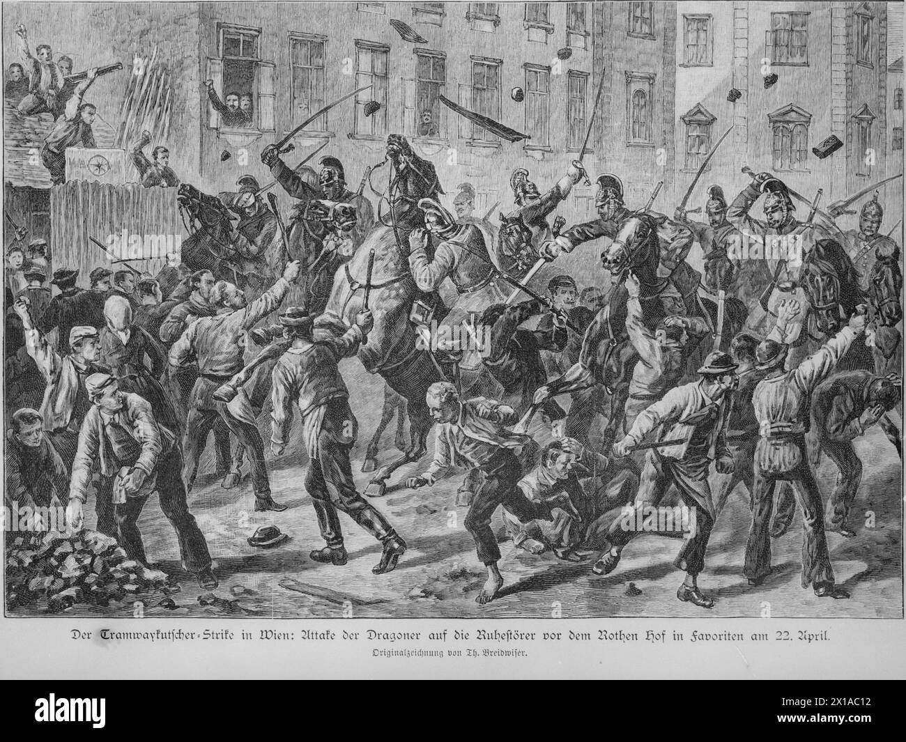 Wien 10, rotes Flackern, Streik des Straßenbahnfahrers. Angriff des Dragons auf den Störkörper vor dem roten höfischen Holzstich nach Zeichnung von Theodor Breitwieser LIZ 11.5,1889. Seite 464, 22.04.1889 - 18890422 PD0001 - Rechteinfo: Rights Managed (RM) Stockfoto