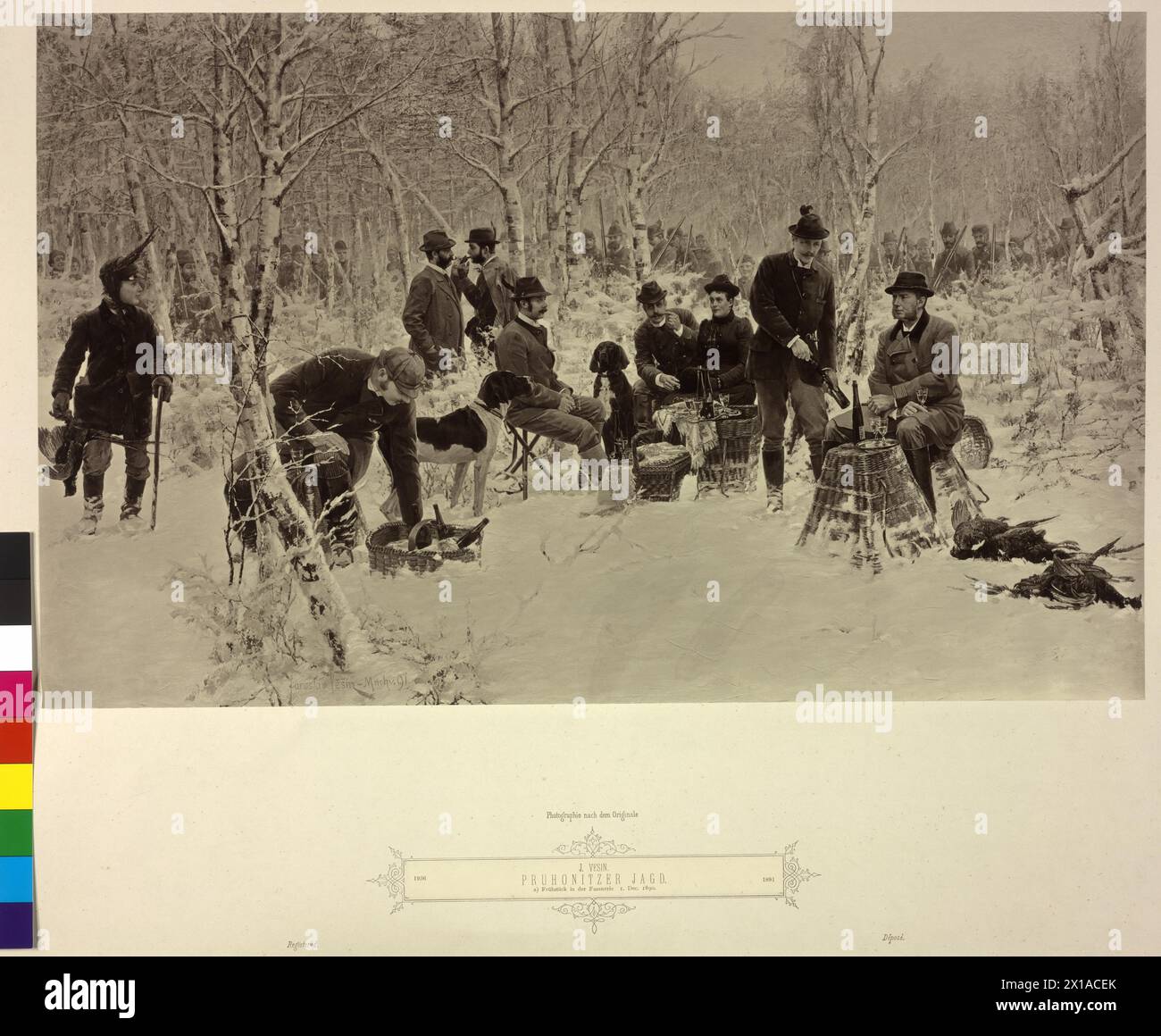 "Pruhonitzer Jagd", Pruhonitzer Jagd mit dem österreichischen Thronerben Erzherzog Franz Ferdinand, am 1.12.1890: Frühstück im Fasanenhaus. Gemälde von Jarolslav Freitag. Julius Vesin, Zeichen und Datierung 1891, reproduzieren in einem Fotokunstverlag Franz Hanfstaengl - München., 1891 - 18910101 PD1308 - Rechteinfo: Rights Managed (RM) Stockfoto