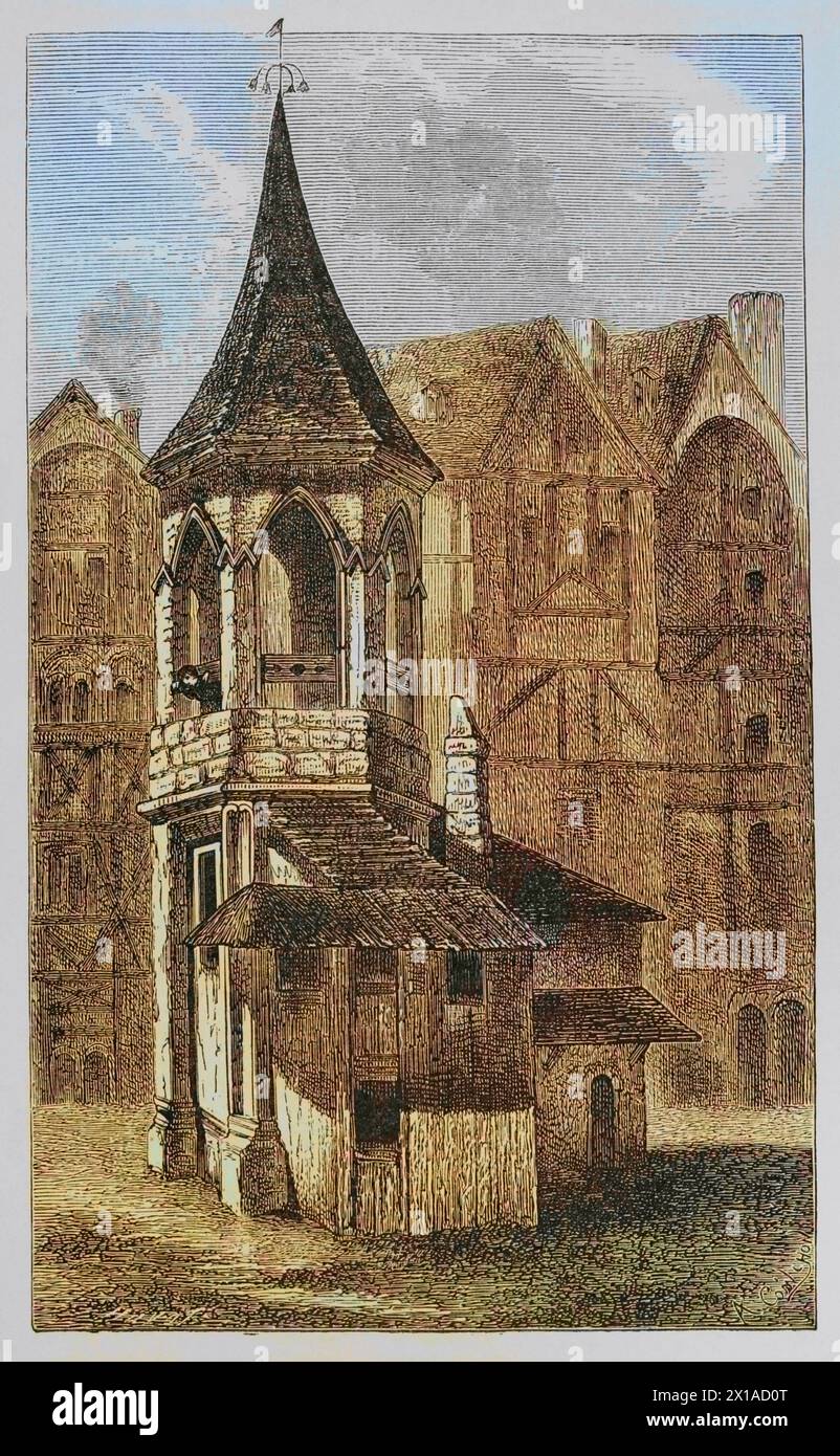 Frankreich. Der Pranger auf dem Marktplatz (Les Halles) von Paris im 16. Jahrhundert. Kupferstich von Huyot nach einer Zeichnung eines unbekannten Künstlers von 1670. Spätere Färbung. "Moeurs, usages et Kostüumes au moyen-âge et à l'époque de la Renaissance" von Paul Lacroix. Paris, 1878. Stockfoto