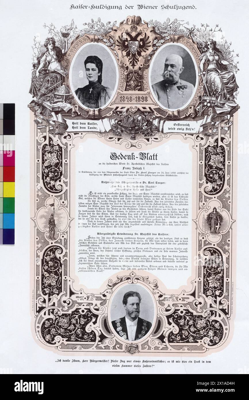 Gedenkpapier der Schulkinder Hommage an die 50. Thronjubiläum Kaiser Franz Joseph I., Gedenkpapier der Wiener Schulkinder im Ozassionsfall des 50. Jubiläums Franz Joseph als Kaiser und Wohltäter der Stadt Wien. Reich verziertes Blatt mit Porträt des Kaisers und der Kaiserin, der Moment des Wiener Bürgermeisters Dr. Charles Lueger, 1898 - 18980101 PD2859 - Rechteinfo: Rights Managed (RM) Stockfoto