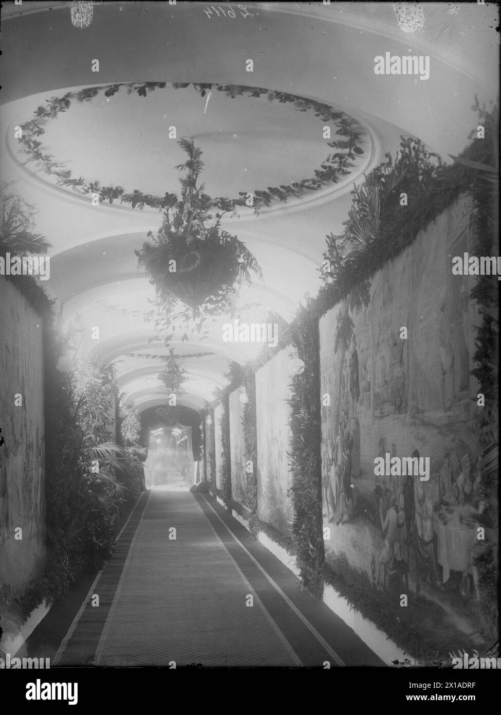 Wien 13, Schloss Schönbrunn, Valerie-Flügel, Orchester meatus (40) Ornament mit Gobelin-Wandteppich und Pflanze in der Ozassion des Besuchs des Königs von Spanien. Perspektive in der Längsachse, 1900 - 19000101 PD55557 - Rechteinfo: Rights Managed (RM) Stockfoto