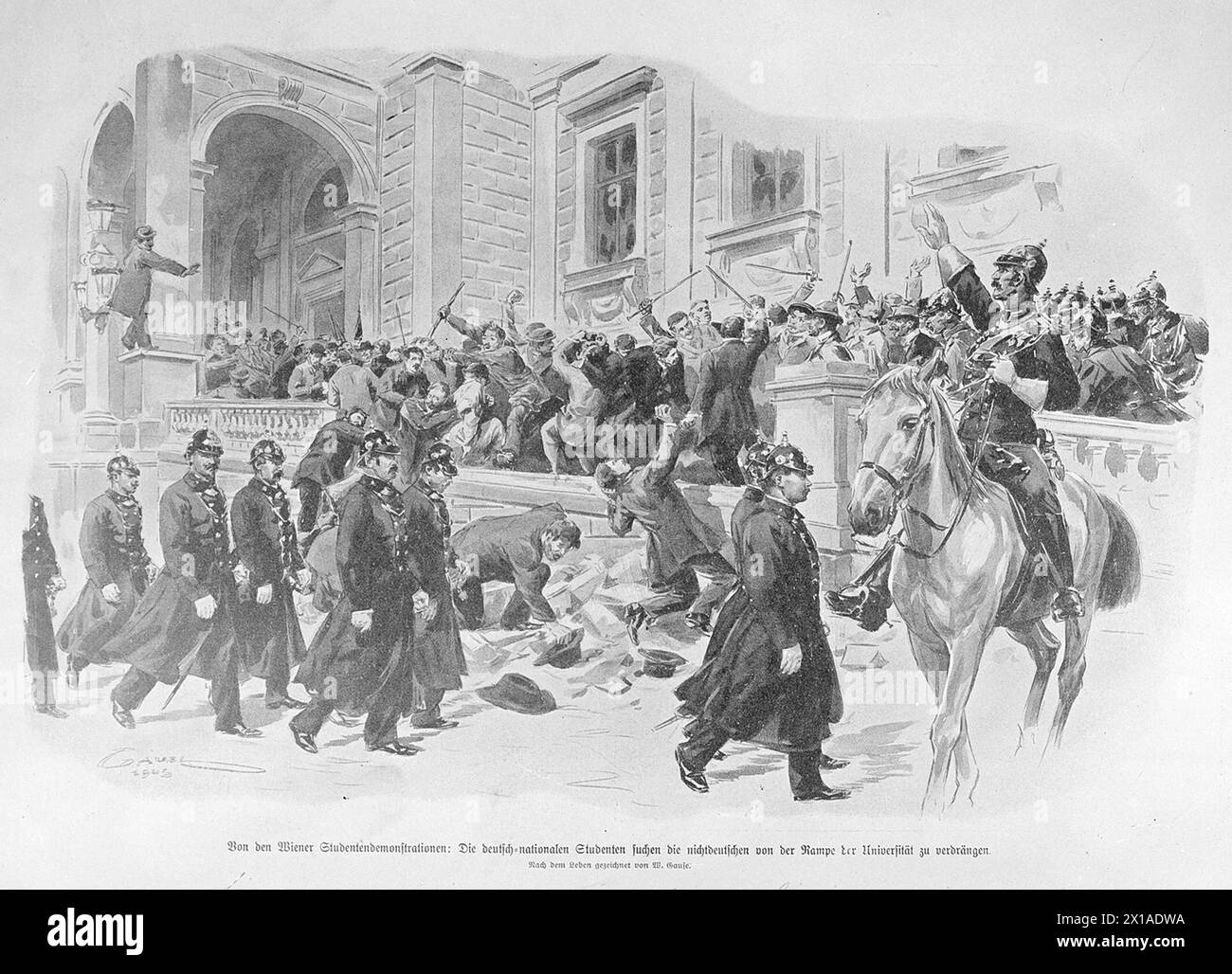 Studentendemonstrationen in Wien, deutsch-nationale Studenten vertreiben Verweigerer der Rampe der Wiener Universität. Druck basierend auf seiner Zeichnung von William Gause, 1900 - 19000101 PD56090 - Rechteinfo: Rights Managed (RM) Stockfoto