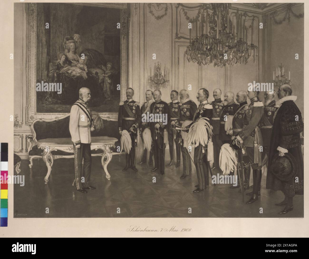 Hommage des deutschen Bundesfürsten vor Kaiser Franz Joseph im Fall des 60-jährigen Regierungsjubiläums 1908, Besuch des deutschen Bundesfürsten am 8. Mai 1908 im Schloss Schönbrunn an Kaiser Franz Joseph I. zum Regierungsjubiläum zu gratulieren. PK 453, 43b Fotogravur nach Malerei von Franz von Capot (1908-1910) durch Gerlach und Wiedling, Wien das Originalgemälde entscheidet sich im Schloss Schönbrunn, - 19100101 PD16950 - Rechteinfo: Rights Managed (RM) Stockfoto