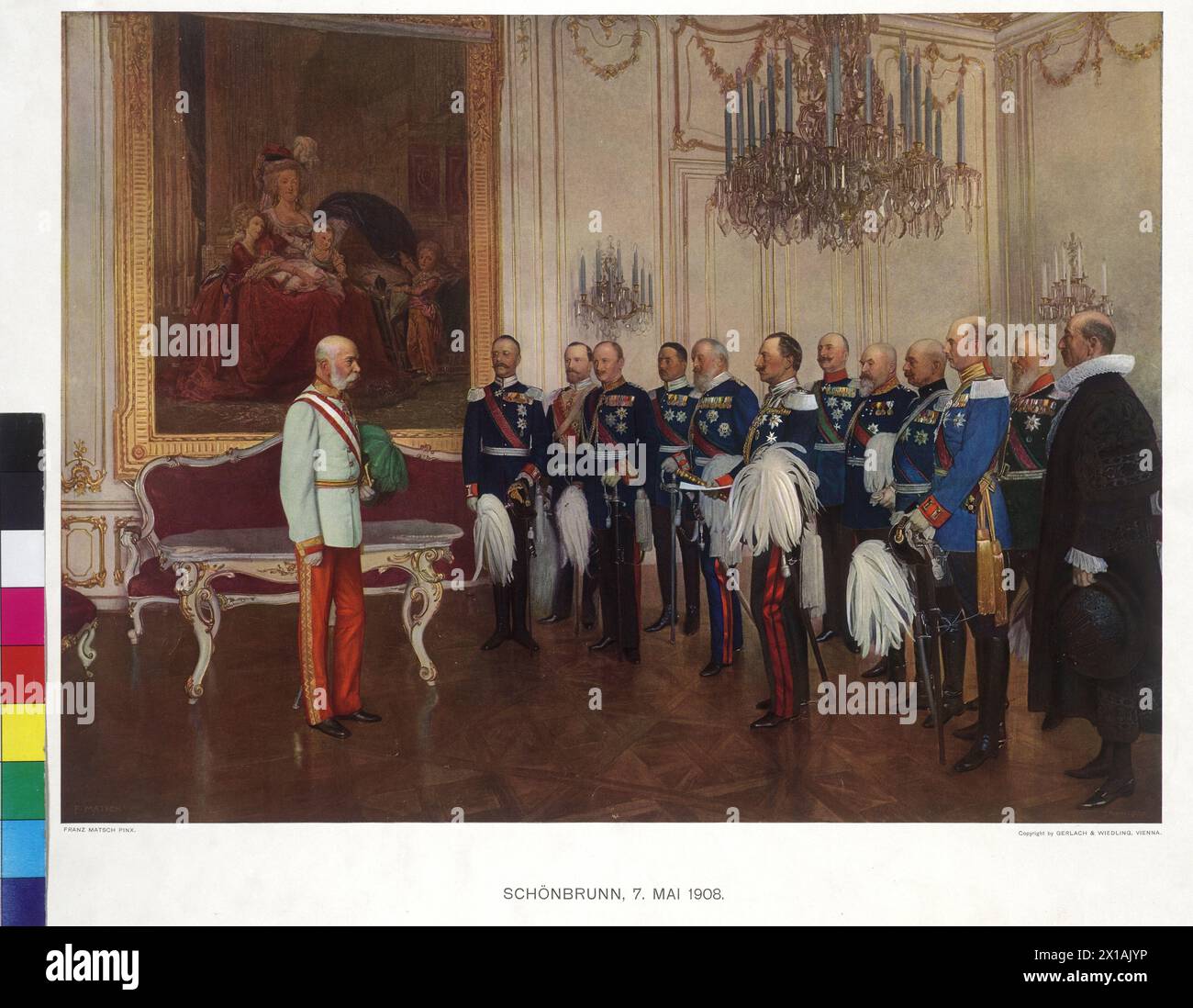 Hommage des deutschen Bundesfürsten vor Kaiser Franz Joseph im Fall des 60-jährigen Regierungsjubiläums 1908, Besuch des deutschen Bundesfürsten am 8. Mai 1908 im Schloss Schönbrunn an Kaiser Franz Joseph I. zum Regierungsjubiläum zu gratulieren. Präziser Personenschlüsselvergleich PK 453, 43b Farbdruck nach Malerei von Franz von Capot (Gemälde 1908-1910) durch Gerlach und Wiedling, Wien, vermutlich 1914. Früherer Besitzer kaiserliches und königliches Kriegsarchiv, das Originalgemälde entscheidet sich im Schloss Schönbrunn, - 19140101 PD9259 - Rec Stockfoto