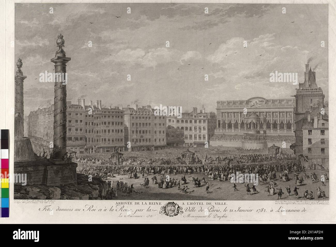 Die Ankunft von Mary Antoinette vor dem Rathaus in Paris zu einem fest um 1,1782 Uhr, in der Notlage der Krippe des Dauphins, Konzept von Pierre Louis Moreau-Desproux, geben in einer Ätzung zurück, die auf einer eigenen Zeichnung von Jean Michel Moreau basiert. Wappen, 1930 - 19300101 PD20791 - Rechteinfo: Rights Managed (RM) Stockfoto