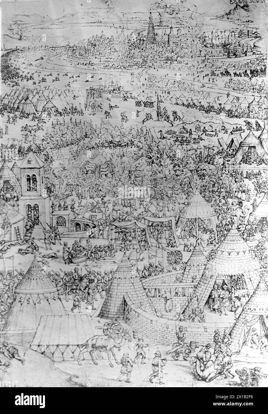 Blick gegen das Armeelager der Türken auf Wien 1529, Zeichnung von Bartholomew Beham, 27.05.2011 - 20110527 PD0239 - Rechteinfo: Rights Managed (RM) Stockfoto