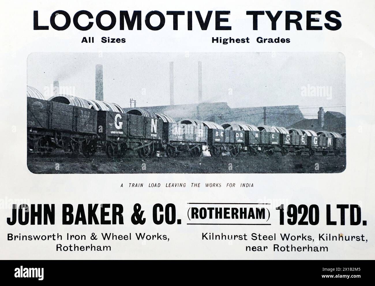 Werbung für John Baker and Co, (Rotherham) 1920 Ltd., Kilnhurst bei Rotherham. Lokomotivreifen und Eisen- und Stahlwerke. Das Bild zeigt eine Zugladung, die nach Indien fährt. Aus einer Originalveröffentlichung vom 15. Mai 1924 gibt dies einen Einblick in den öffentlichen Verkehr und insbesondere die Eisenbahn der 1920er Jahre Stockfoto