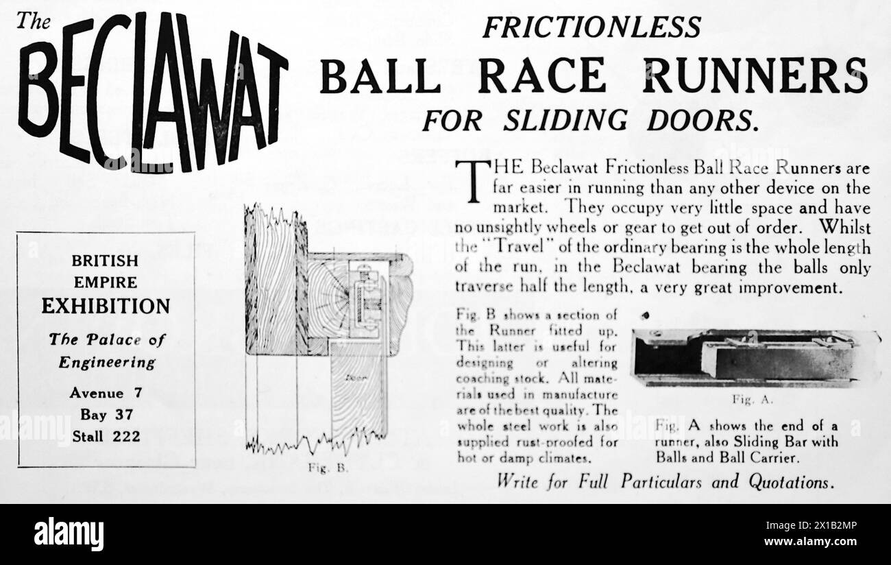 Werbung für die Beclawat Ball Race Runner für Schiebetüren. Hergestellt von Beckett, Laycock and Watkinson Ltd aus Harlesden, London und vertreten im Palace of Engineering auf der British Empire Exhibition. Aus einer Originalveröffentlichung vom 15. Mai 1924 gibt dies einen Einblick in den öffentlichen Verkehr und insbesondere die Eisenbahn der 1920er Jahre Stockfoto