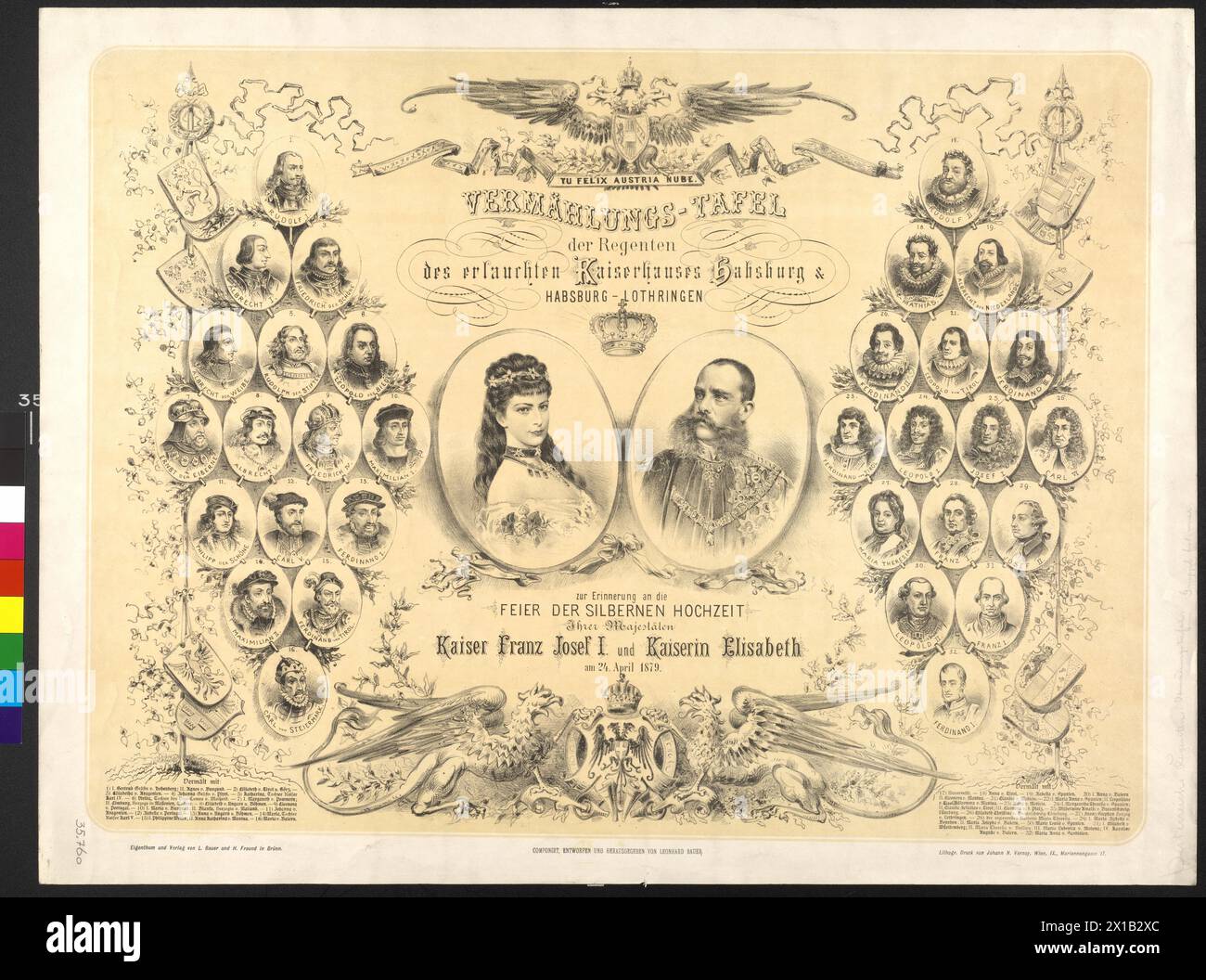 Hochzeitstafel des Regenten des Adelsgeschlechts Habsburg & Habsburg Lothringen zur Erinnerung an die Silberhochzeit Ihrer Majestät Kaiser Franz Joseph I. und Kaiserin Elisabeth am 24. April 1879, Tableau mit Bildern des Kaisers Franz Joseph I. von Österreich und seiner Frau Elisabeth und aller Regenten von Rudolf I. - Kaiser Ferdinand I., mit Werbespot auf ihre Heiratskonflation, Wappen, Tonlithographie nach einem Entwurf von Leonhard Bauer, 1879, - 18790101 PD0936 - Rechteinfo: verwaltete Rechte (RM) Stockfoto