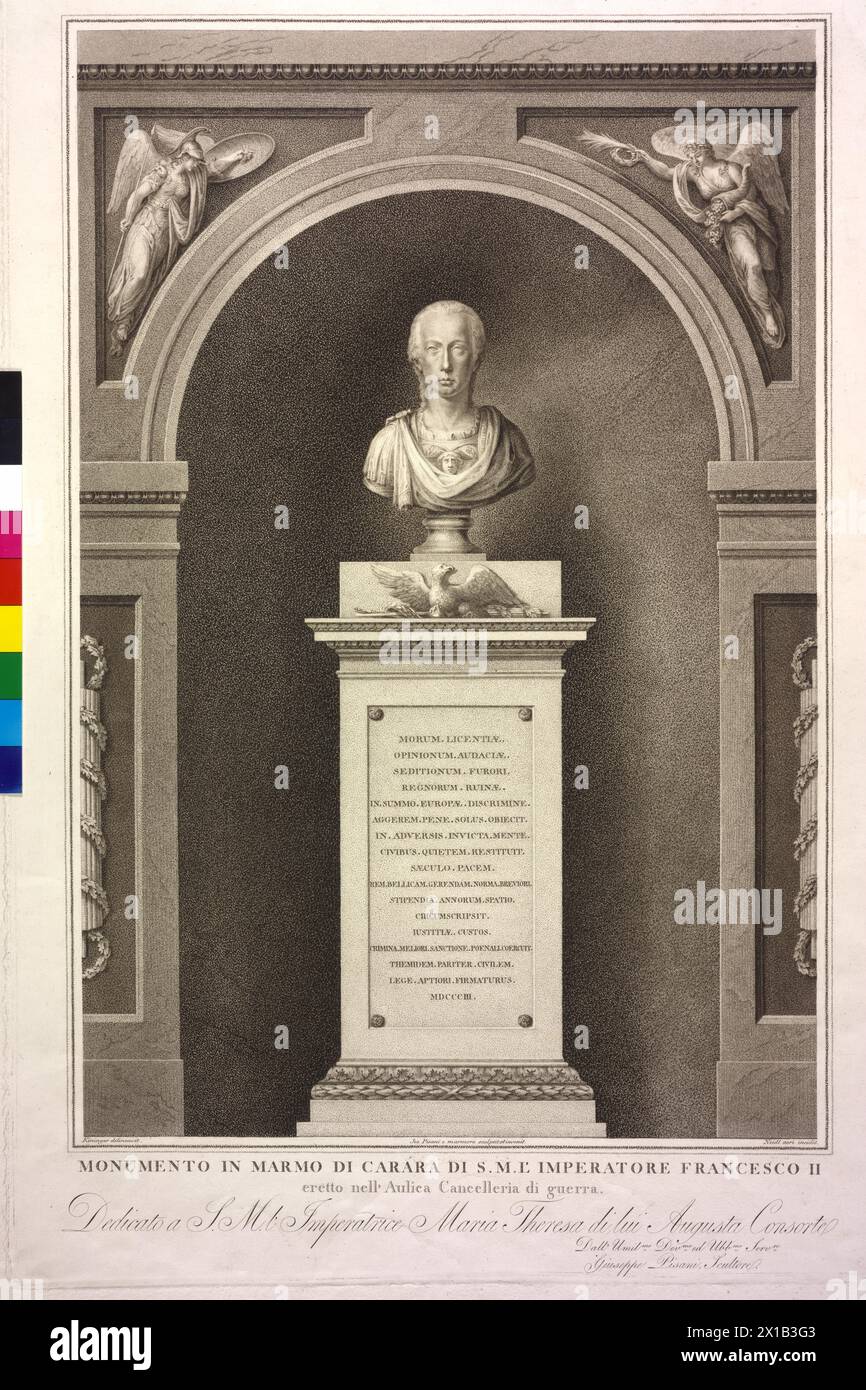 Franz II., Kaiser des Heiligen Römischen Reiches, Marmordenkmal von Giuseppe Pisani, im alten Kriegsministerium in Wien. Büste auf Basis mit lateinischer Inschrift und Datum MDCCCIII. Stippelstich von Johann Joseph Neidl nach einer Zeichnung von Vincent George Kininger, - 19300101 PD22998 - Rechteinfo: Rights Managed (RM) Stockfoto