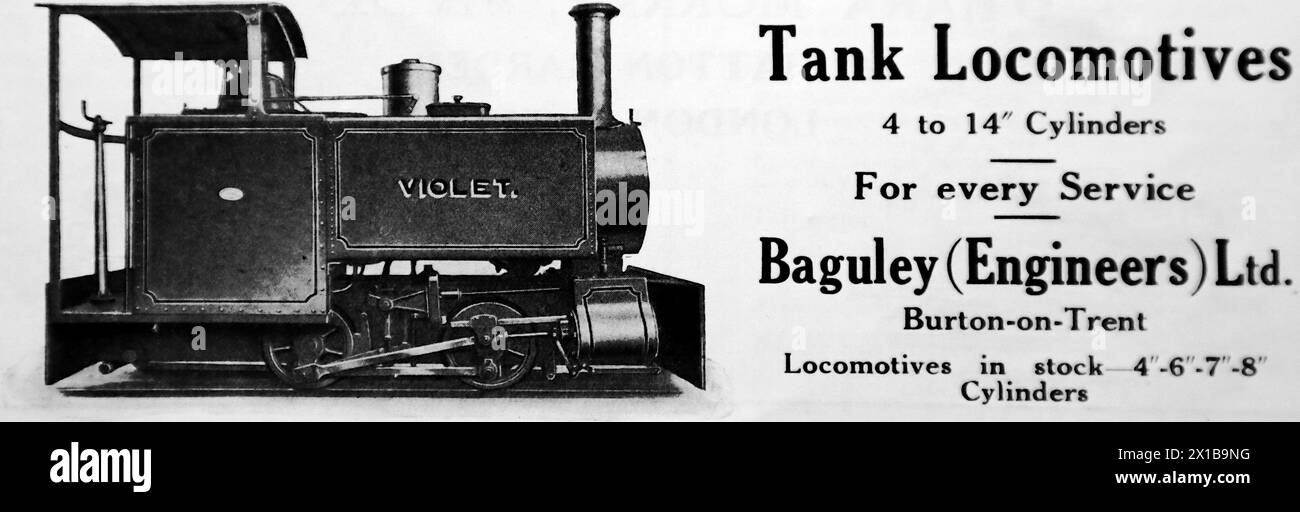 Werbung für Baguley (Engineers) Ltd, Burton-on-Trent. Auf der Abbildung ist eine Panzerlokomotiven namens Violet. Aus einer Originalveröffentlichung vom 15. Mai 1924 gibt dies einen Einblick in den öffentlichen Verkehr und insbesondere die Eisenbahn der 1920er Jahre Stockfoto