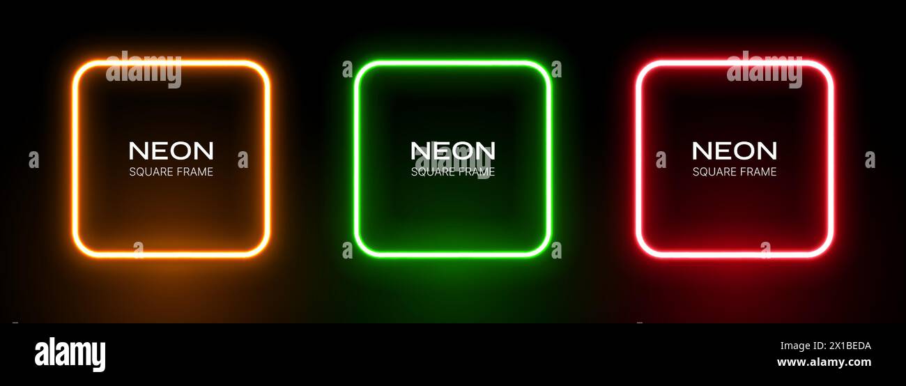Rechteckiger Rahmen in Neonlicht. Rahmen des Leuchtkästchens. LED-Laser mit grüner, roter und orangefarbener LED auf schwarzem Hintergrund. Fluoreszierende Vektorbanner. Stock Vektor