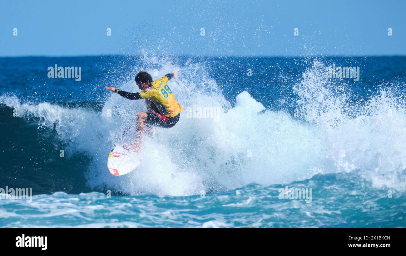 Der US-amerikanische Profi-Surfer Griffin Colapinto tritt 2024 beim Margaret River Pro Surf Event in Surfer's Point, Prevelly, Western Australia an. Stockfoto