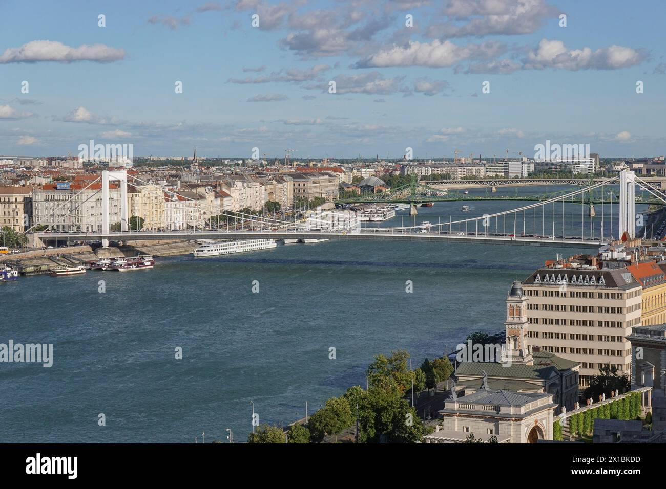 Ungarn, Budapest, die Elisabethbrücke ist die drittneueste Brücke von Budapest und verbindet Buda und Pest über die Donau. Panoramablick Stockfoto
