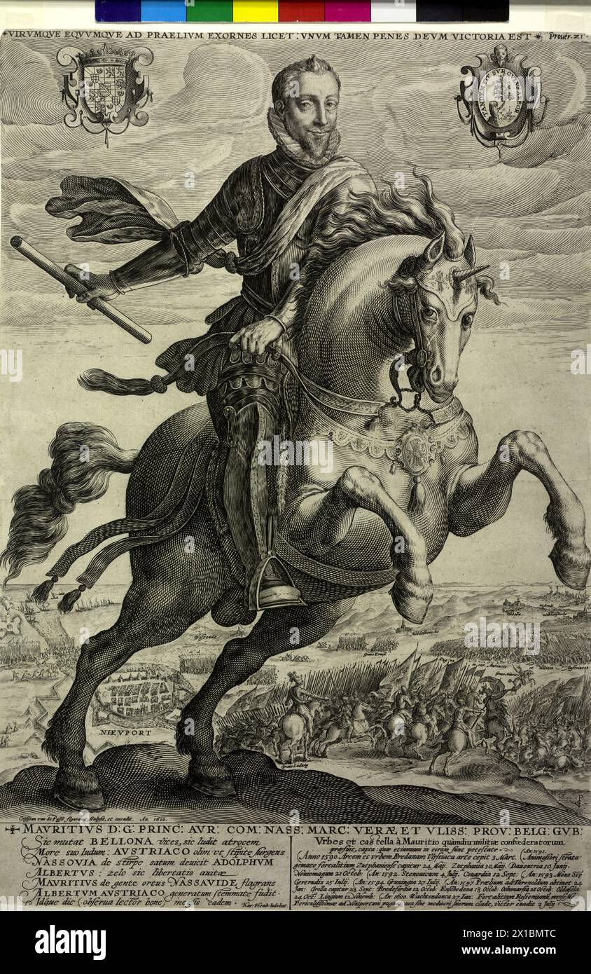 Moritz, Prinz von Orange, Graf von Nassau, als siegreicher General der Schlacht von Nieuwpoort (2. Juli 1600) auf dem Hügel im Vordergrund reiten: In voller Länge, halb von rechts, barköpfig, mit Schnurrbart, noch gemeiner Kinnbart, Spitzenraspel, im Gurtzeug, um die linke Schulter lehnende Gestalt Flügel in der Buchrückseite weht, die Hände nur, der Knüppel rechts zur Seite stationär, der Zügel rechts zur rechten Übertretung links, das Pferd, mit StachelStirnschutz, mit Upgrades Vorderbeinen zum Sturz rufen nach, im Hintergrund die Parade der niederländischen Truppen und ihr Kampf gegen die Stockfoto