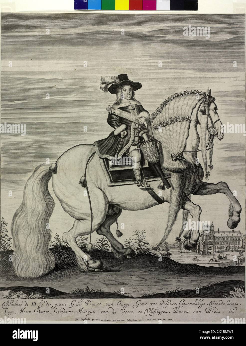 Wilhelm III., Prinz von Orange, König von England, im Alter von ca. fünf Jahren auf dem Pferd: Ganze Figur auf einem Schimmel im rechten Profil sitzend, halb von rechts, mit gefedertem Hut, im Reitrock mit Randborte, schulterumhang, Schärpe mit Schimmel, rechts mit Reitbesatz an den Hüften, Zügel in der linken Hand, zwei Satteltücher, vor dem in Stiefeln geharkten Bein eines Pistolenkastens, das Pferd mit den Vorderbeinen zum Tauchgang abschätzend, auf seinem geschickten Bündel, in zwei bodenlangen und zwei halblangen Zöpfen nach außen gebundener Mähne reichen Riemenschmuck, auf beiden Seiten des Kruppers zwei Stockfoto