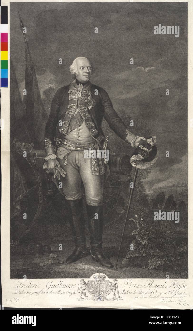 Friedrich Wilhelm II., König von Preußen, Kupferstich / Kupferstich von Domenico Cunego nach einem Gemälde von Edward Francis Cunningham. Wappen, - 17860101 PD0029 - Rechteinfo: Rechte verwaltet (RM) Stockfoto