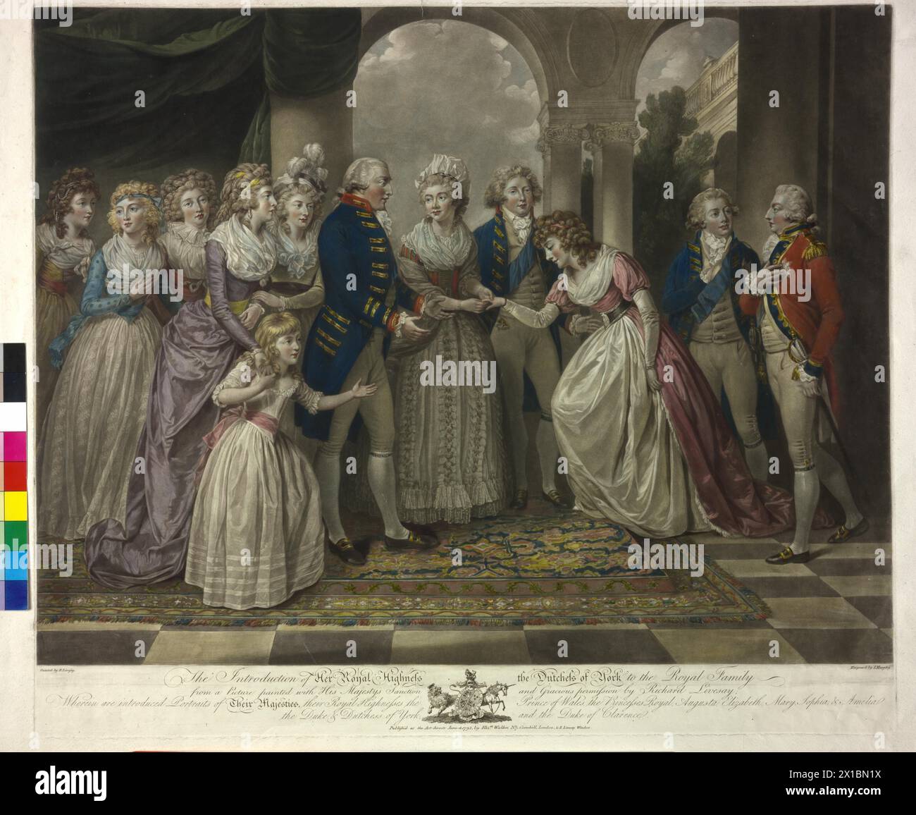 Georg III., König von England, im Familienkreis ist König Georg III. Von England von seiner Frau, der Frau seines zweiten Sohnes Friedrich August, Herzog von York und Albany, Friederike (geborene Prinzessin des Preußischen), eingeführt. Farbiger Mezzotint von John Murphy nach einem Gemälde von Richard Livesay. Wappen, - 17930101 PD0083 - Rechteinfo: Rechte verwaltet (RM) Stockfoto