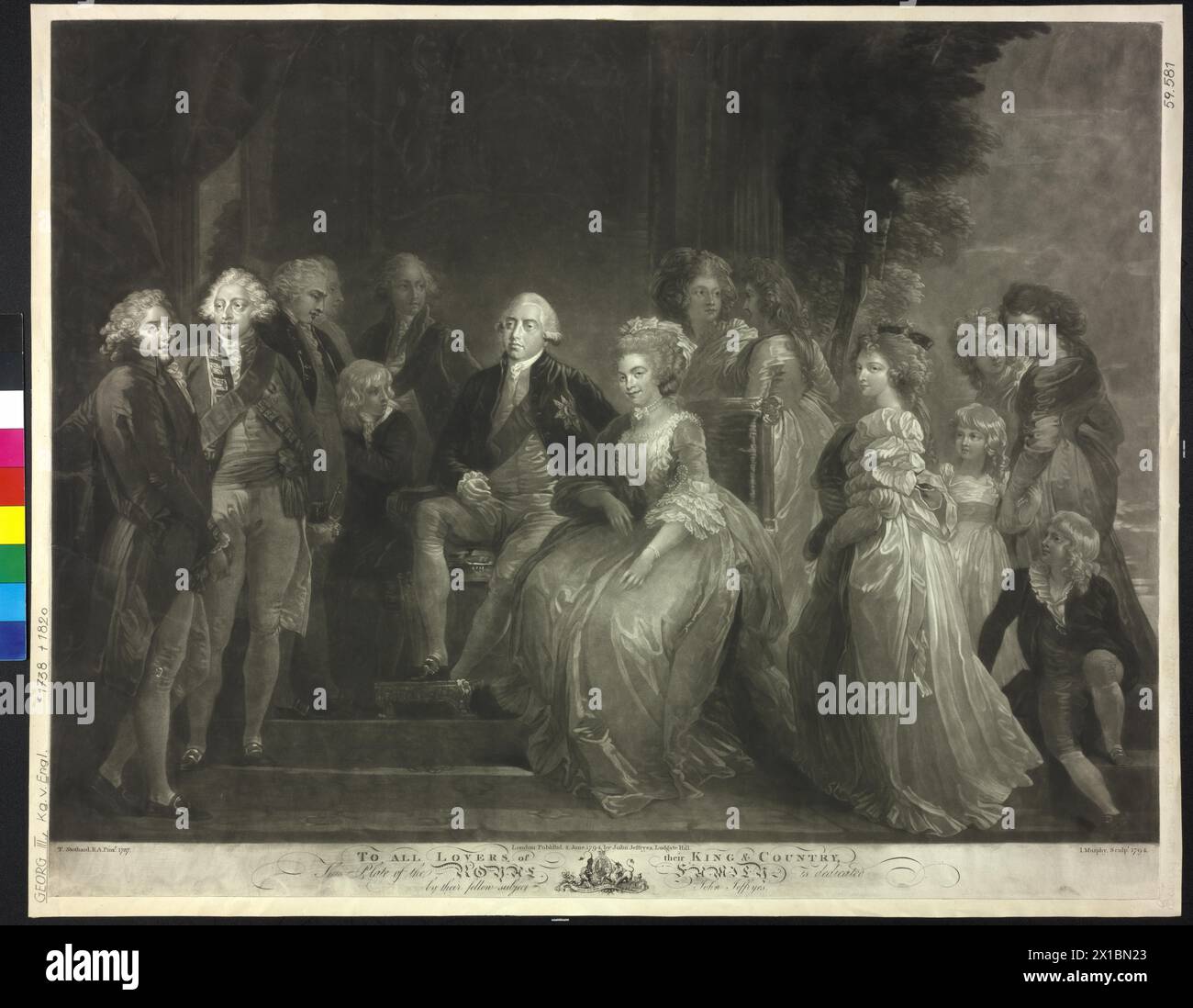 Georg III., König von England mit seiner Frau und ihren Kindern, Gruppenbild. mezzotint von John Murphy nach einem Gemälde von Thomas Stothard. Wappen illustrierte Person Schlüsselseite PG III / 8 / A, - 17940101 PD0052 - Rechteinfo: Rechte verwaltet (RM) Stockfoto