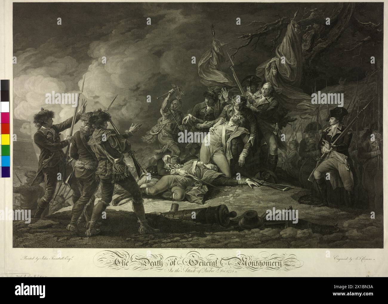 Montgomery, Richard, amerikanischer Unabhängigkeitskrieg (1775–1783): Der Tod des Generals Richard Montgomery in der Schlacht von Québec am 31.12.1775, Stahlstich von Johan Frederik Clemens nach einem Gemälde von John Trumbull. Herausgeber, Herausgeber A. C. de Poggi, London, März 1798, - 17980301 PD0001 - Rechteinfo: Rights Managed (RM) Stockfoto