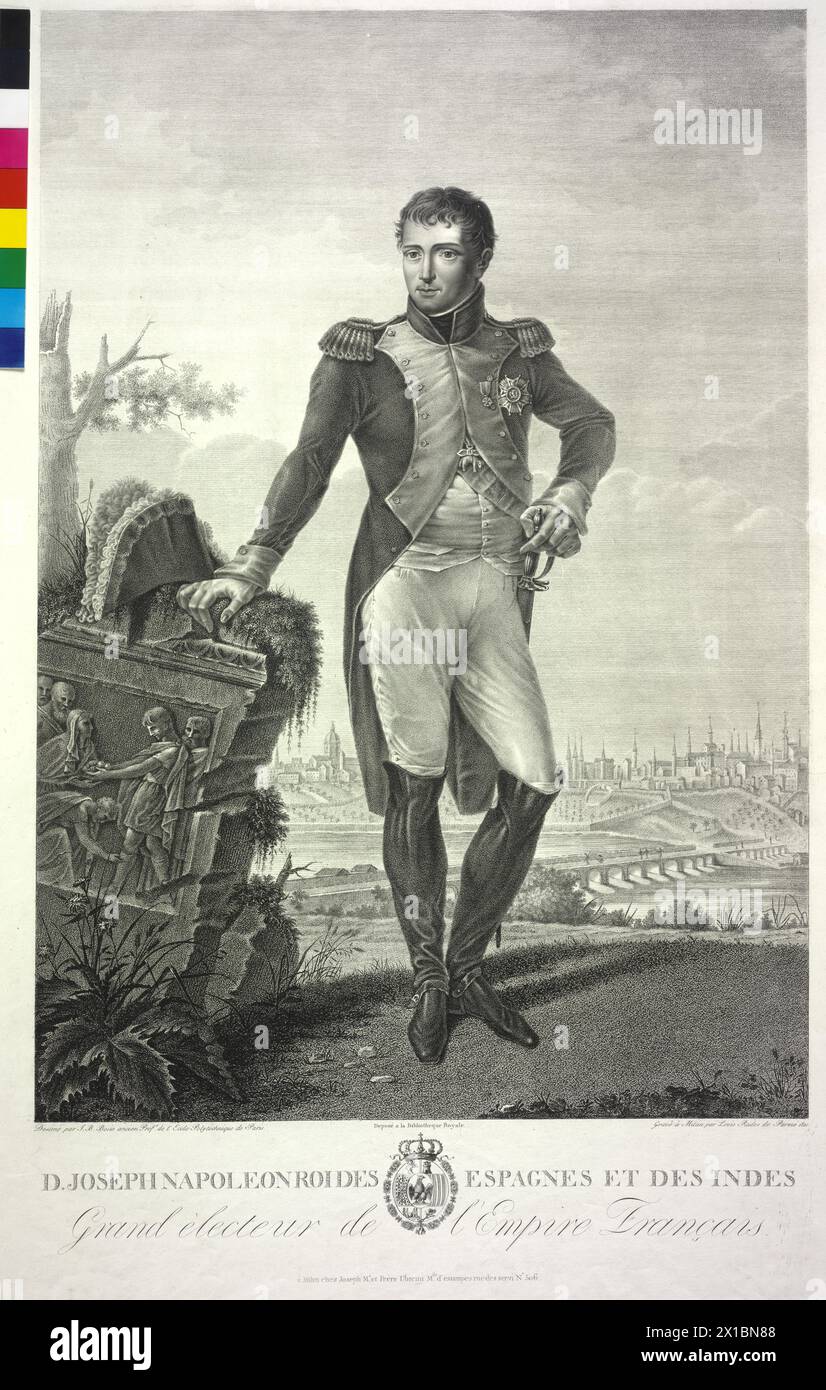 Joseph, König von Spanien, Radierung / Stippling von Luigi Rados nach einer Zeichnung von Jean Baptiste Francois Bosio. Wappen, - 18100101 PD0327 - Rechteinfo: Rechte verwaltet (RM) Stockfoto