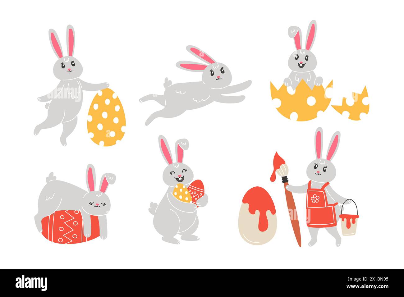 Set mit Osterhasen und bemalten Eiern im Cartoon-Stil Stock Vektor