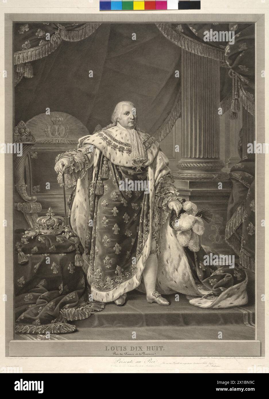 Louis XVIII, König von Frankreich, Stich von Pierre Audouin nach einem Gemälde von Antoine Jean gross, - 18180101 PD0055 - Rechteinfo: Rights Managed (RM) Stockfoto