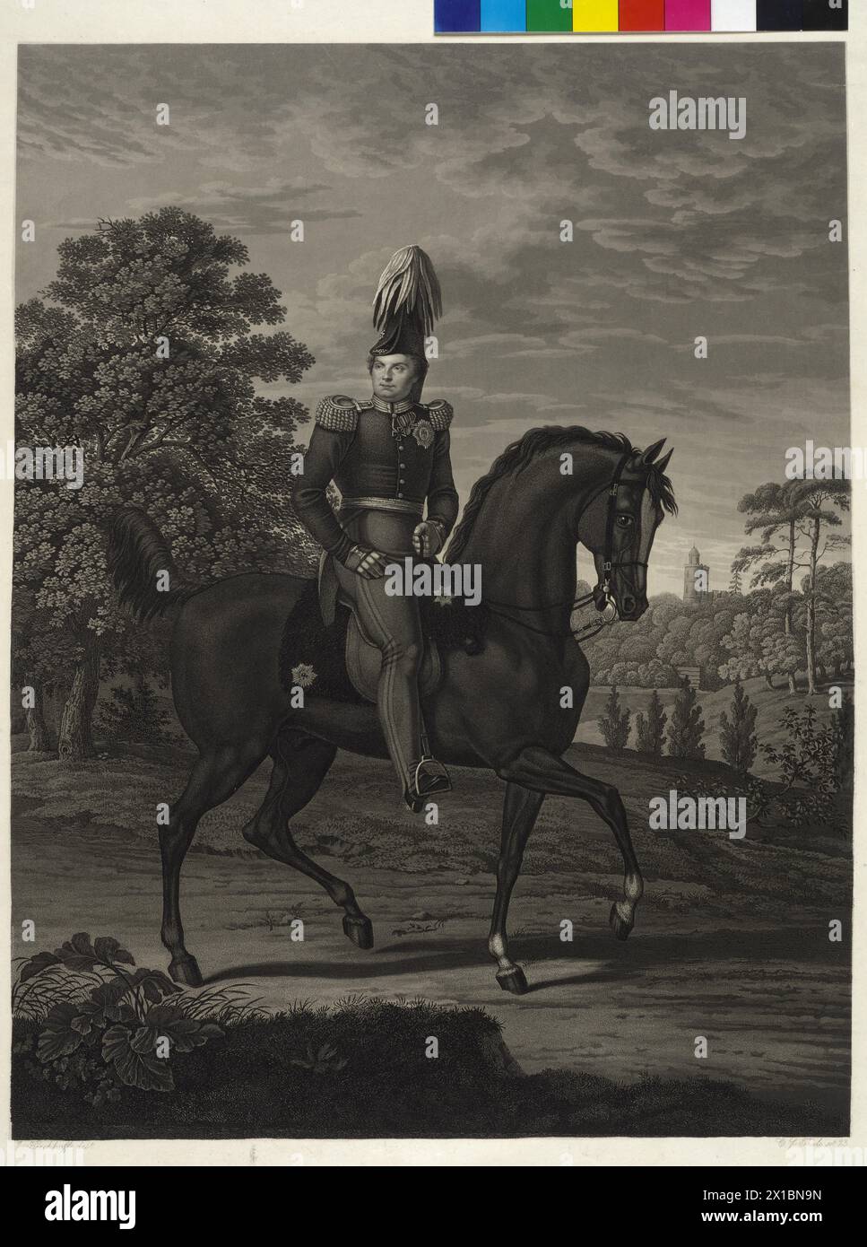 Friedrich Wilhelm IV., König von Preußen, Reiterbild. Aquatint / Ätzen von Karl Frederick Thiele nach einer Zeichnung von Johann Jakob Kirchhoff, - 18230101 PD0036 - Rechteinfo: Rights Managed (RM) Stockfoto