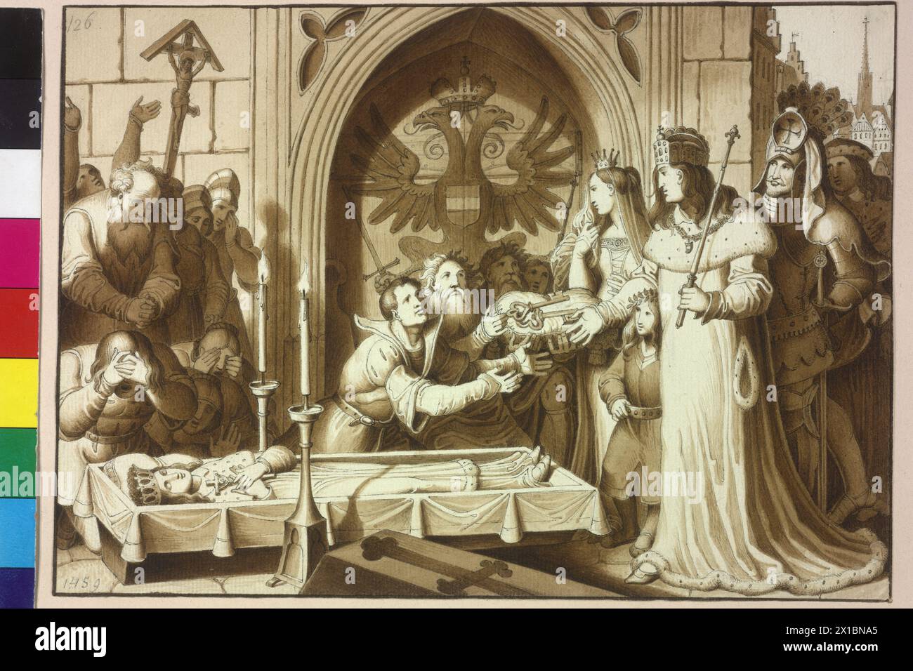 Nach dem Tod Ladislaus stellt Postumus dem Wiener Kaiser Friedrich III. Und den Herzögen Albrecht und Sigmund den Schlüssel der Burg, Stift- und Pinselzeichnung in Braun mit weißen Höhen über Bleistift von Karl Russ Blatt 126 aus dem Zyklus Bilder zur Geschichte von Wien vor, die 149 Zeichnungen stammen aus der Zeit von 27. Januar 1826 und 12. Dezember 1832 – 18250101 PD0291 – Rechteinfo: Rights Managed (RM) Stockfoto