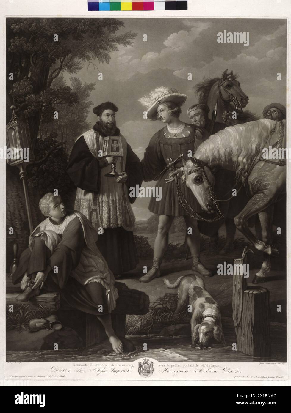 Rudolf von Habsburg und der Pfarrer Rudolf von Habsburg stellen dem Pfarrer sein Pferd ein, mit ihm dieses eines Bachs, um sth zu belasten. und von einer tödlichen Krankheit rechtzeitig das Sakrament der extremen Salbung kann mezzotint (mezzotint) von Franz Kolb nach Malerei von Johann Peter Krafft spenden. Mit Widmung bei Erzherzog Karl und seinem Wappen, - 18270101 PD40463 - Rechteinfo: Rechte verwaltet (RM) Stockfoto
