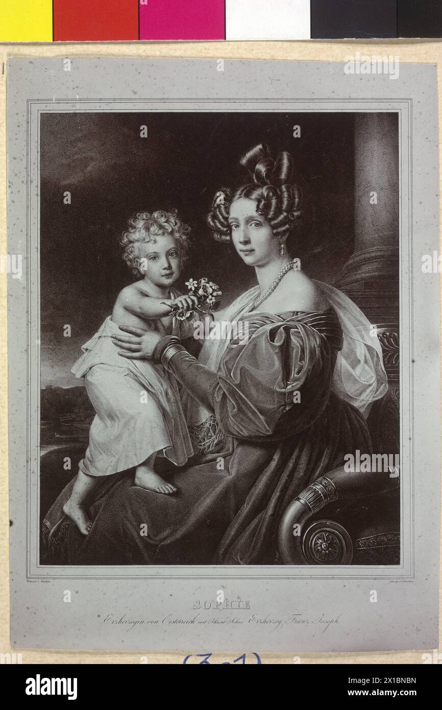 Franz Joseph I., Kaiser von Österreich, Kinderbild. Franz Joseph auf den Schoß seiner Mutter erzherzogin Sophie. Fotoreproduktion nach einer grafischen Reproduktion nach Vorlage des Gemäldes von Joseph Karl Stieler (1832), - 18320101 PD0684 - Rechteinfo: Rights Managed (RM) Stockfoto