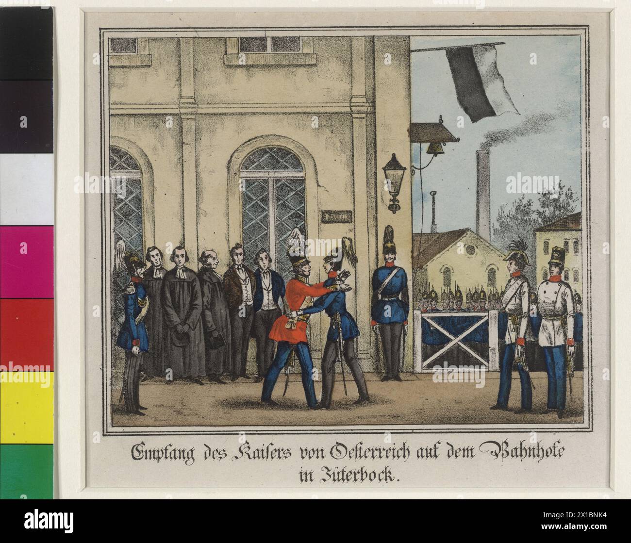 Empfang Kaiser Franz Joseph I. auf dem Bahnhof in Jueterbog, 17.- 21.12.1852: Besuch Kaiser Franz Josephs I. bei König Friedrich Wilhelm IV. Von Preußen in Berlin: Kaiser Franz Joseph I. ist von König Preußen am Bahnhof von Jueterborg Hagel, beide umarmen sich in tauschender Uniform. Farbige Lithographie. Bild 1 von einer Serie aus 4 Bildern, Verlag ODecigke & Riemschneider, Neu-Ruppin, - 18520101 PD1128 - Rechteinfo: Rights Managed (RM) Stockfoto