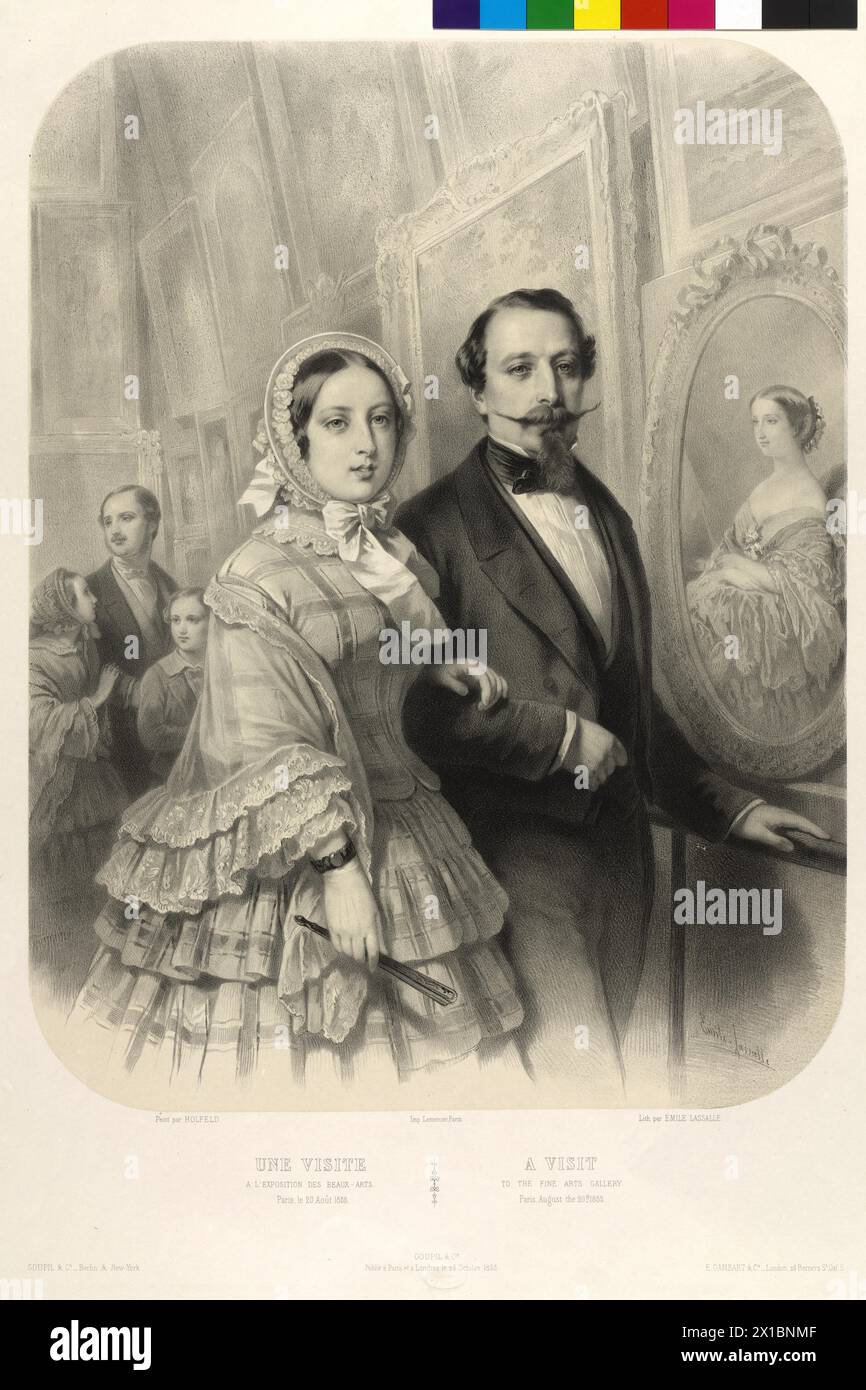 Weltausstellung in Paris, 1855, Königin Victoria von England und Kaiser Napoleon III. Von Frankreich, Besuch der Kunstausstellung im Palais der Beaux-Arts am 20.8.1855. Linker Ehemann Albert, Prinz von Sachsen-Coburg-Gotha mit den beiden Kindern Prinzessin Victoria und Albert Edward, Prinz von Wales (Nachfolger von Eduard VII., König von England), rechts an der Wand eines Bildes von Eugenie, Kaiserin von Frankreich (Gemälde von Franz Xavier Winterhalter), Lithographie von Emile Lassalle nach einem Gemälde von Dominique Hippolyte Holfeld, - 18550101 PD1493 - Rechteinfo: Rights Managed (RM) Stockfoto