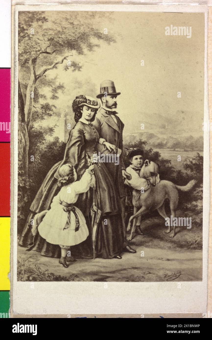 Franz Joseph I., Kaiser von Österreich mit Familie, Familienbild: Franz Joseph mit Kaiserin Elisabeth und ihren Kindern erzherzogin Gisela und Kronprinz Rudolf. Fotoreproduktion nach Grafik von Emil von Hartitzsch, - 18620101 PD1112 - Rechteinfo: Rights Managed (RM) Stockfoto Franz Joseph I., Kaiser von Österreich mit Familie, Familienbild: Franz Joseph mit Kaiserin Elisabeth und ihren Kindern erzherzogin Gisela und Kronprinz Rudolf. Fotoreproduktion nach Grafik von Emil von Hartitzsch, - 18620101 PD1112 - Rechteinfo: Rights Managed (RM) Stockfoto