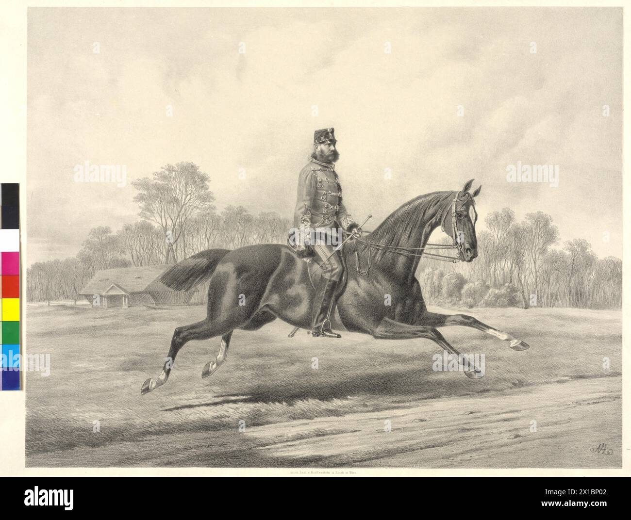 Franz Joseph I., Kaiser von Österreich, Bild in ungarischer Dienstuniform eines Feldmarschalls auf Pferd, Lithographie von Anton Zampis, - 18700101 PD0547 - Rechteinfo: Rights Managed (RM) Stockfoto