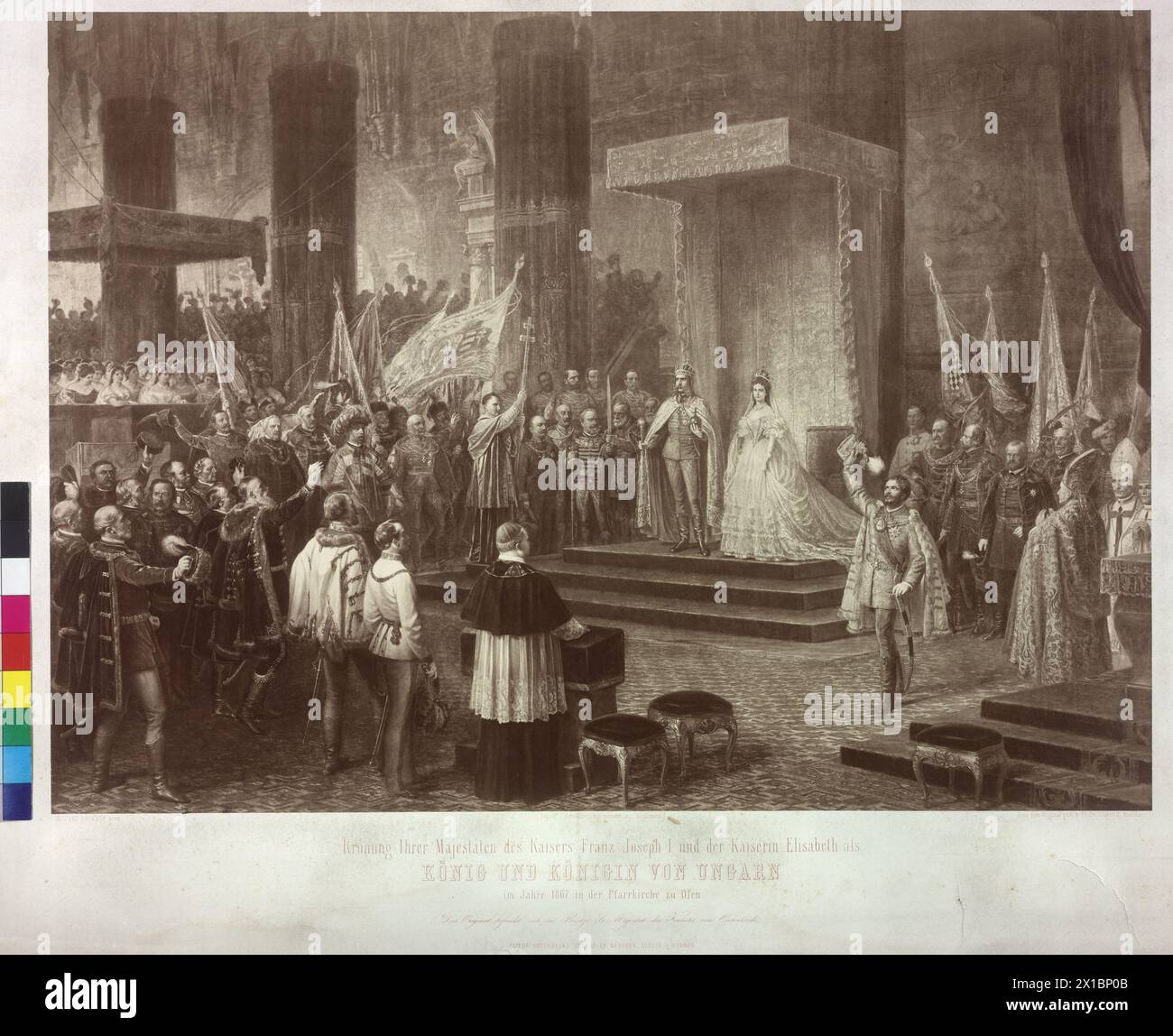 Kaiser Franz Joseph und Kaiserin Elisabeth zur Krönung des Königs und der Königin von Ungarn 1867, Hommage an die Krönung in der Matthiaskirche in Budapest. Graf Julius Andrassy, der das königliche Paar von der hohen offiziellen Stimme eines (Personenschlüssel vergleichen PK 353, 38aa) Originalfoto von Frederick Bruckmann nach dem Gemälde von Eduard Engerth (1871 vollendet), das Gemälde lag bis 1945 auf euch im Thronsaal der Budapester Burg, heute im Besitz der Szepmueveszeti Múzeum Budapest), - 18710101 PD1281 - Rechteinfo: Stockfoto