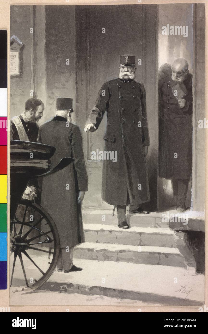 Franz Joseph I., Kaiser von Österreich, Franz Joseph steht vor dem Eingang zu einem behinderten Soldatenheim. Unterzeichnet, - 18900101 PD15105 - Rechteinfo: Rights Managed (RM) Stockfoto