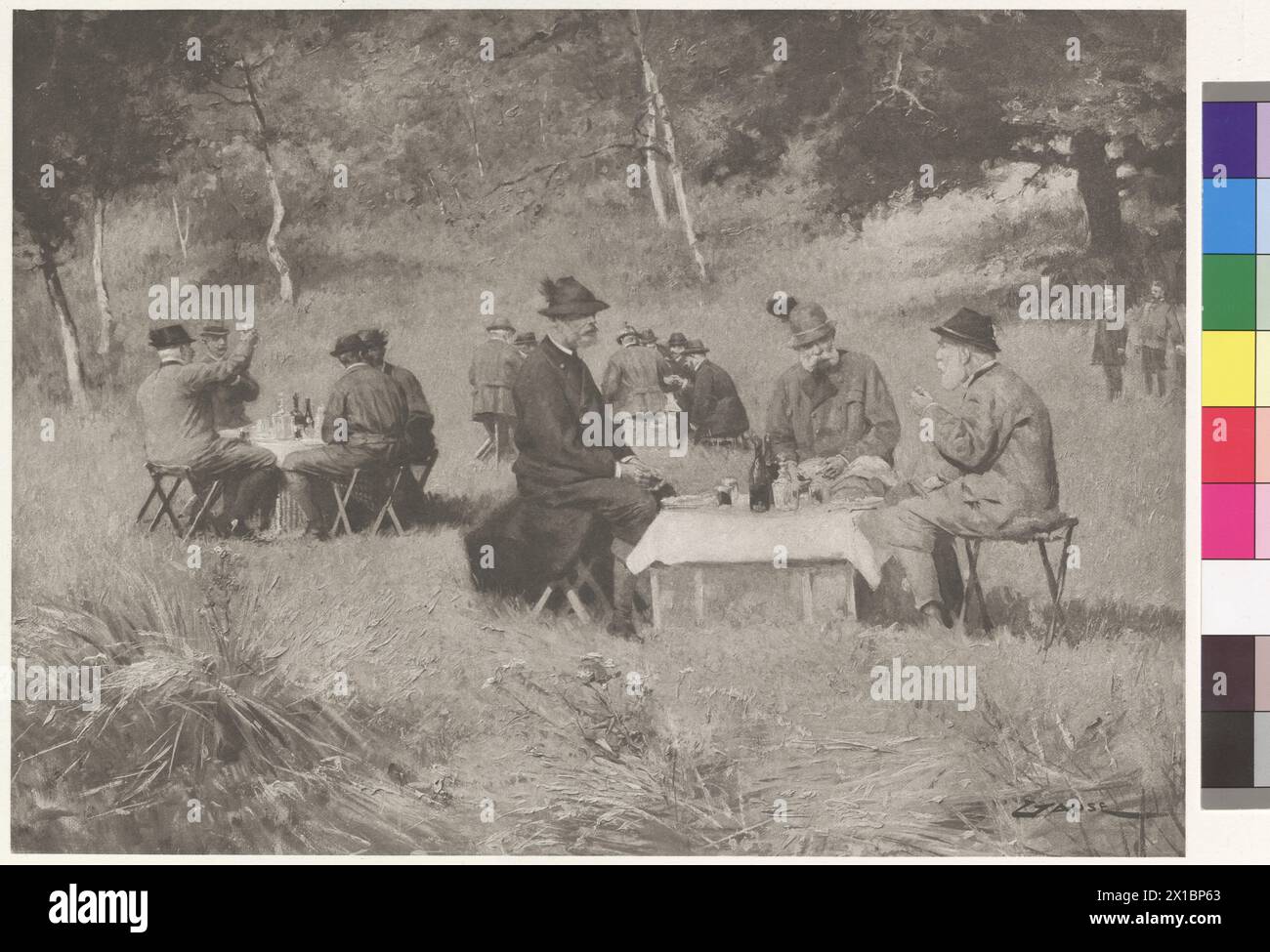 Frühstück im Freien in Goedoelloe, Jagdparty - Kaiser Franz Joseph am Tisch mit Prinz Leopold von Bayern und Großherzog Ferdinand IV. Aus der Toskana. Im Hintergrund General Aide-de-Camp General Eudard Graf Ehepaar und Kammerdiener Rudolf Fürst Liechtenstein Fotogravur nach Gemälde von Wilhelm Gause aus Aktenkoffer: Kaiserbilder, Literaturinstitut Kosmos, Wien-Leipzig-Budapest (Aktenkoffer mit 28 Heliogravuren nach Gemälden), - 18980101 PD2489 - Rechteinfo: Rechte verwaltet (RM) Stockfoto