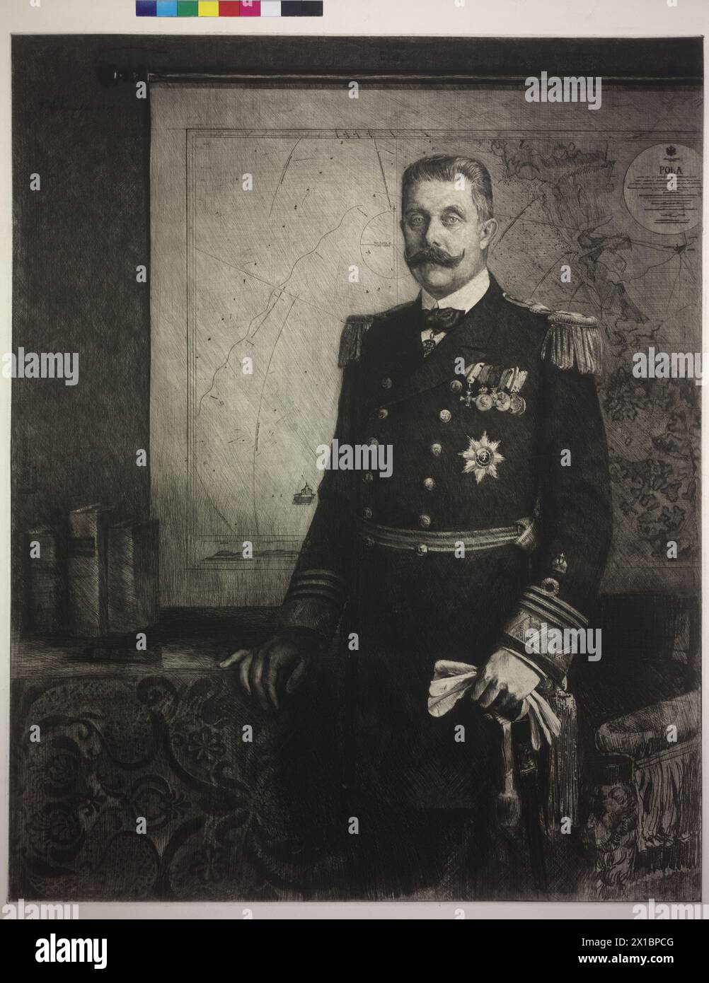 Erzherzog Franz Ferdinand in Uniform eines Roten Admiral der kaiserlichen und königlichen Marine, vor Karte Polas Standätzung von Ferdinand Schmutzer, in der Kammer signiert und datiert 'F. Schmutzer 1914' Vergleichen dort aufgebaute Fotoverbreitung von Ferdinand Schmutzer (LSCH 0407-D, LSCH 0410-D, LSCH 0409-D), - 19140101 PD9365 - Rechteinfo: Rights Managed (RM) Stockfoto