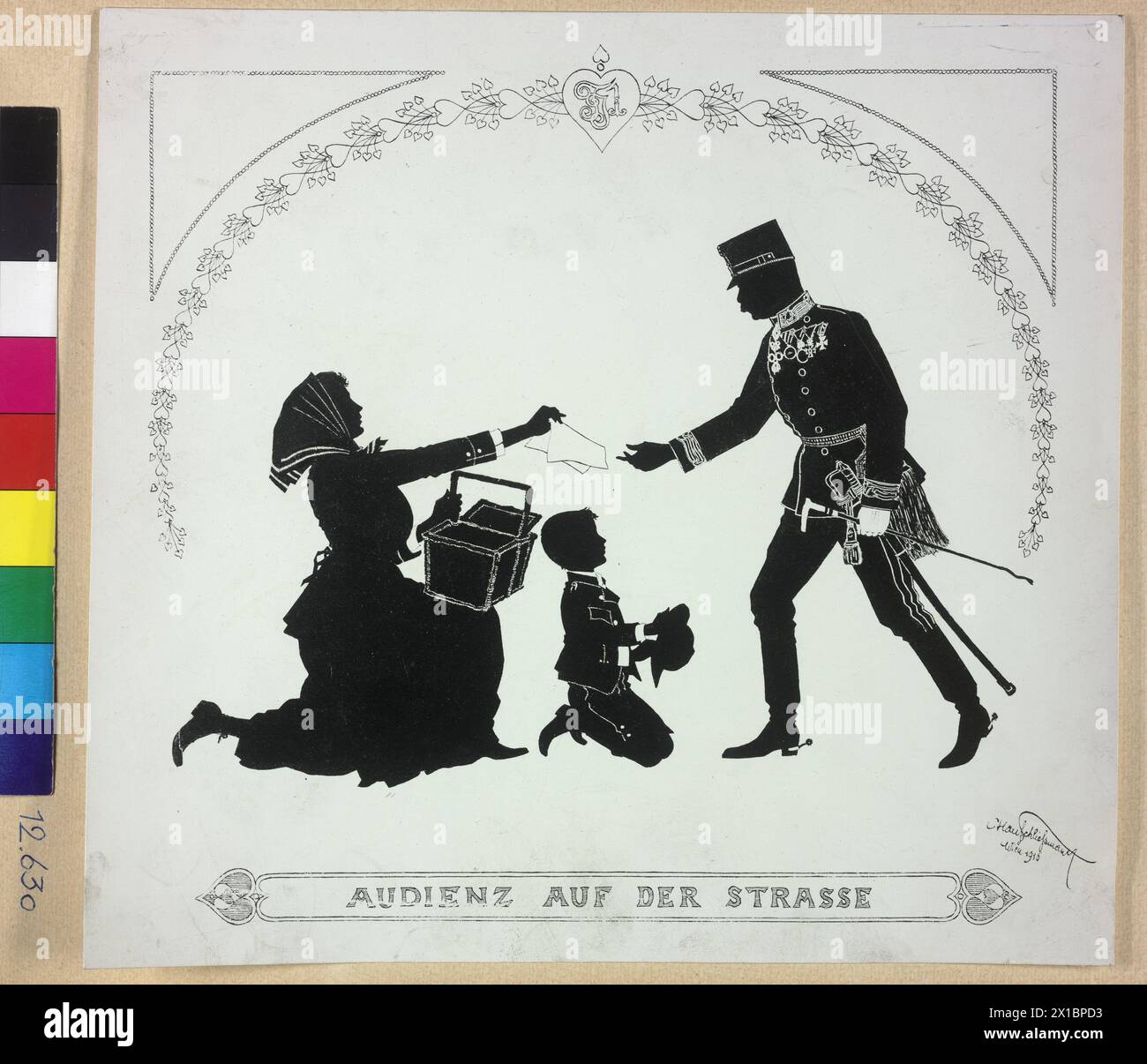 Franz Joseph I., Kaiser von Österreich, Franz Joseph in Uniform, der entgegen dem Brief auf die Straße geht. Druck basierend auf einer Silhouette mit dem Titel „Audienz auf der Straße“, betitelt und datiert, - 19160101 PD5919 - Rechteinfo: Rights Managed (RM) Stockfoto