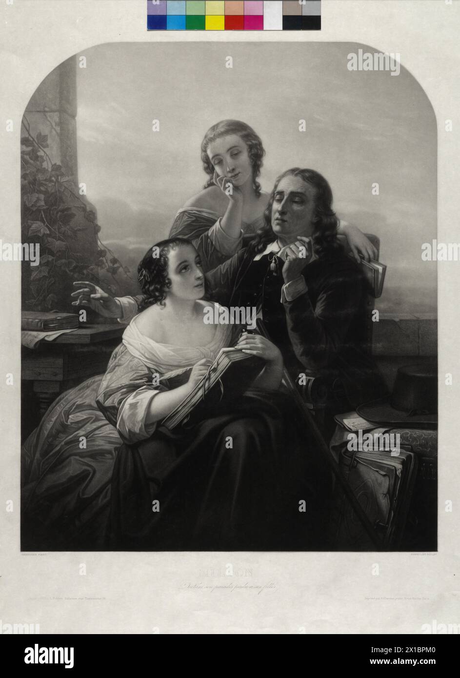 Milton, John, Milton diktiert seinen Töchtern das 'Verlorene Paradies', Mezzotint von Alfred Cornilliet nach einem Gemälde von Nicaise de Keyser, - 19300101 PD20549 - Rechteinfo: Rights Managed (RM) Stockfoto