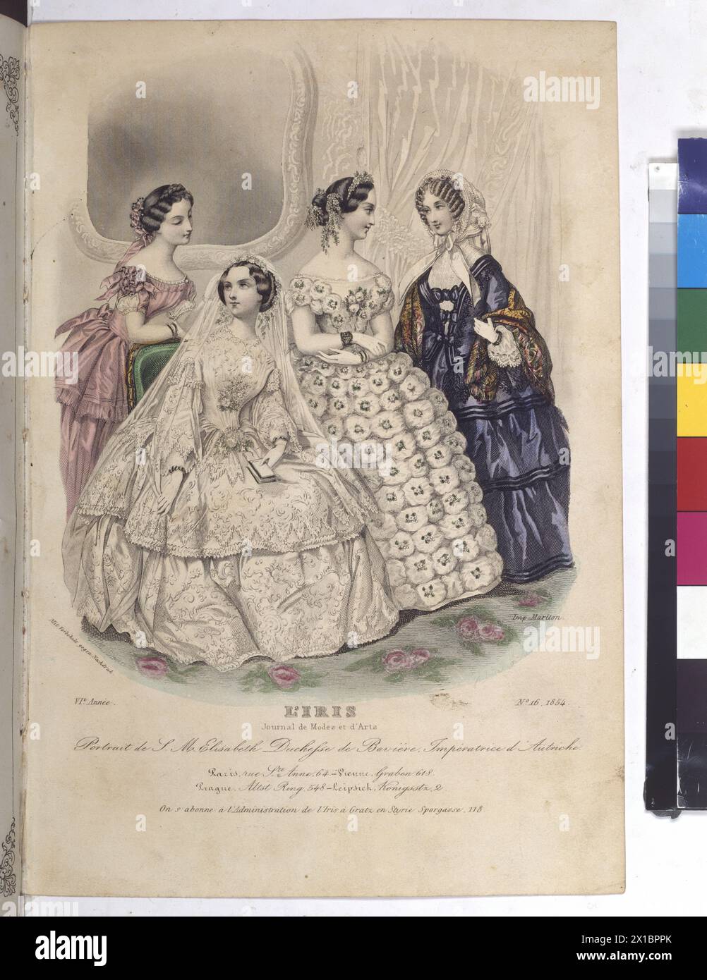 Elisabeth, Kaiserin von Österreich, Kaiserin Elisabeth im Hochzeitskleid, zusammen mit drei weiteren Frauen), Farbstich im Modemagazin 'Iris', - 19300101_PD21663 - Rechteinfo: Rights Managed (RM) Stockfoto