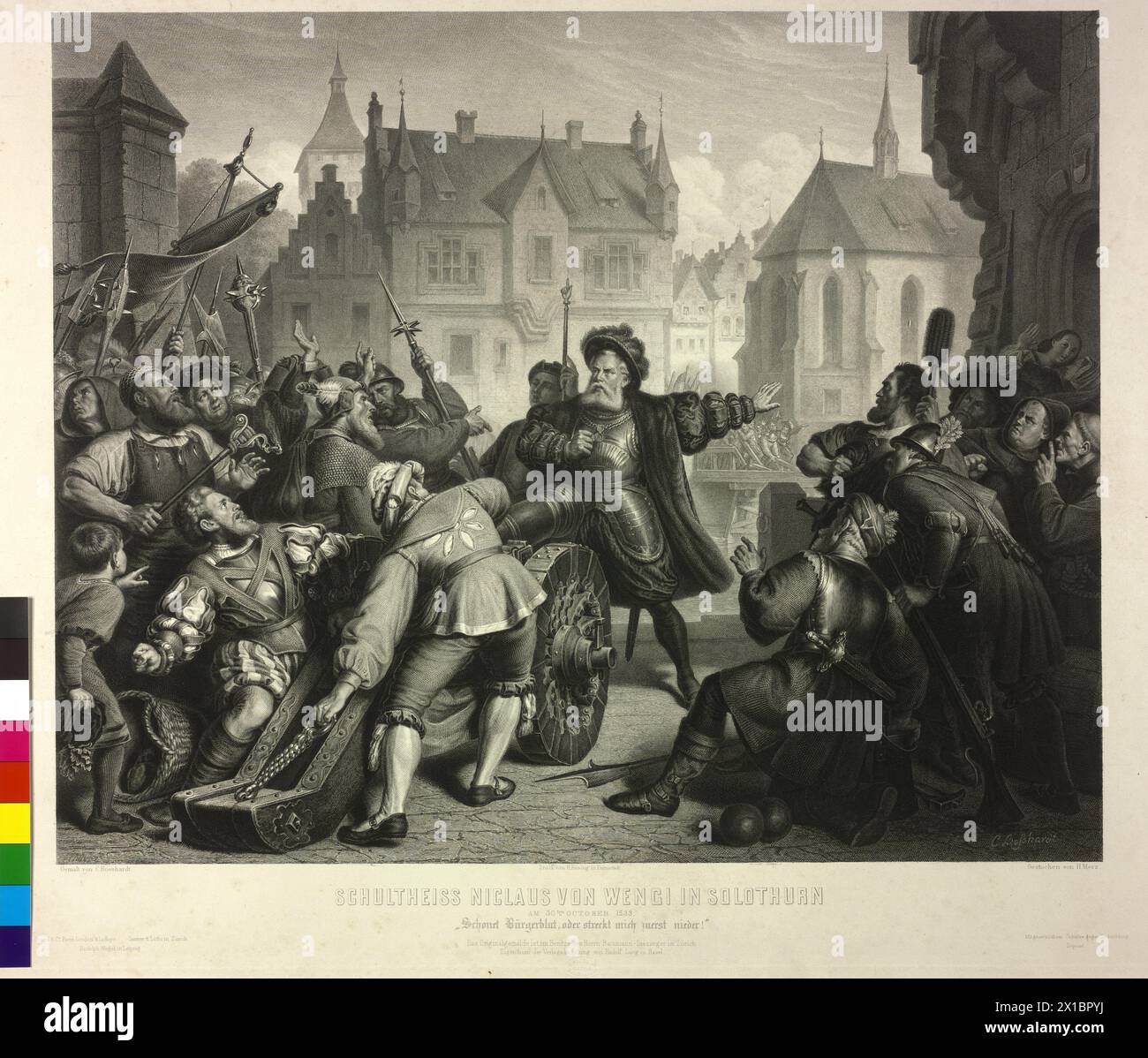 Wengi, Niklaus von, 30.10.1533: Der Bürgermeister von Solothurn, Niklaus von Wengi, wurde durch sein tapferes Volk behindert, das eine Verlobung zwischen dem Katholischen und dem Reformator der Stadt unternahm. Kupferstich von Henry Merz nach einem Gemälde von Kaspar Bosshardt, - 19300101 PD22986 - Rechteinfo: Rights Managed (RM) Stockfoto