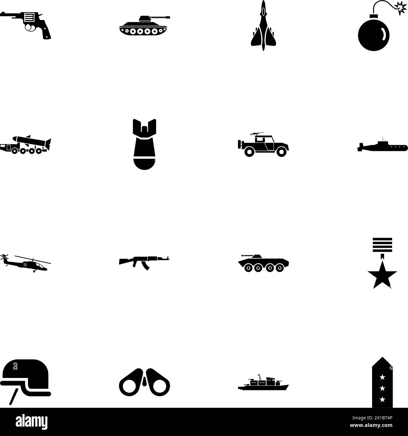 Militärsymbol – auf jede Größe erweitern – in jede Farbe ändern. Perfect Flat Vector enthält Symbole wie Raketenträger, Panzer, Helm, U-Boot, Kampf Stock Vektor