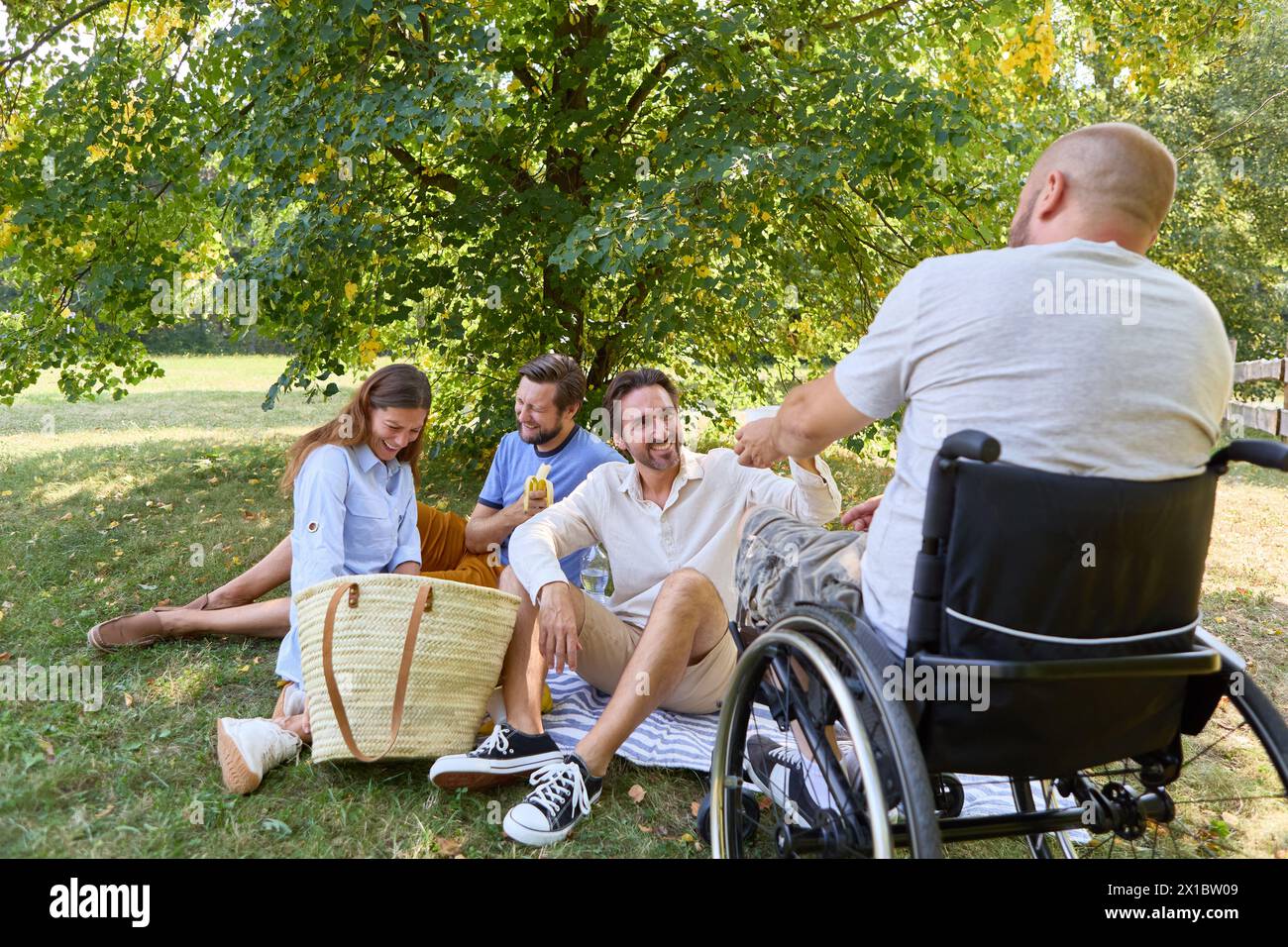 Inklusive Treffen von Freunden im Freien mit einer Person im Rollstuhl, mit glücklichen Momenten in einer sonnigen Parkszene. Stockfoto