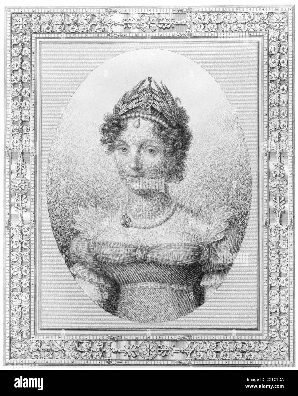 Louise Marie Auguste, Prinzessin von Baden 1779–1826, Bild der Prinzessin Louise Marie Auguste in Oval in rechteckigem, verziertem Rahmen. Stippelstich von Joseph Mecou nach Malerei von Henri Benner. Russische und französische Legende. Repro-negativ basierend auf Stipple-Gravur, - 19830422 PD144973 - Rechteinfo: Rights Managed (RM) Stockfoto