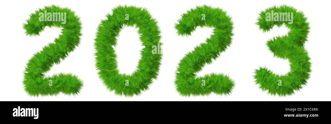Konzept Konzept 2023 Jahre aus grünem Sommer Rasen Grassymbol isoliert auf weißem Hintergrund. 3D-Illustration als Metapher für Zukunft, Natur, Stockfoto